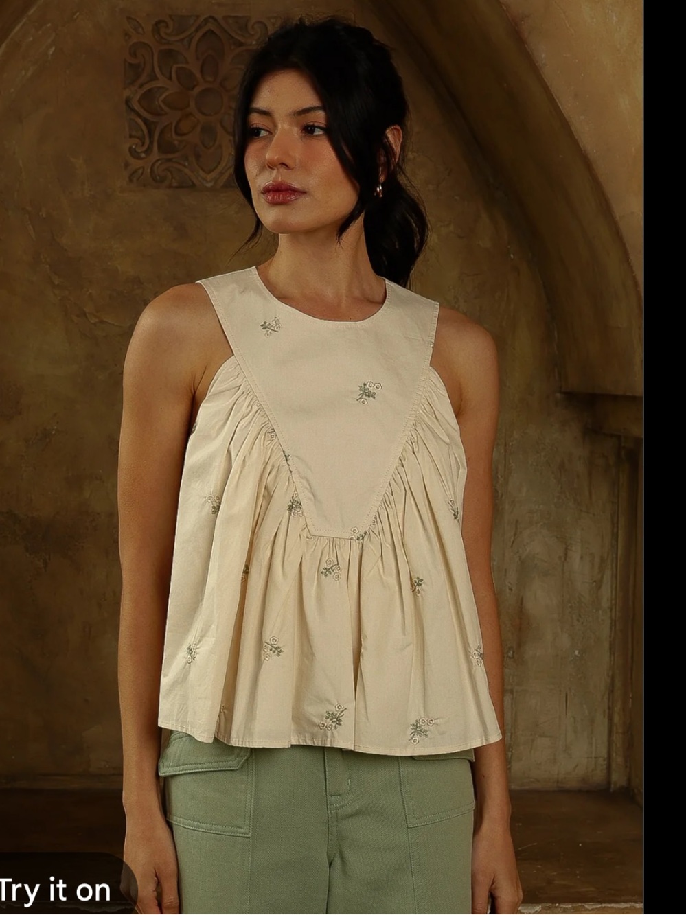 The Yellow Acres Cream Embroidered Babydoll Tank Top